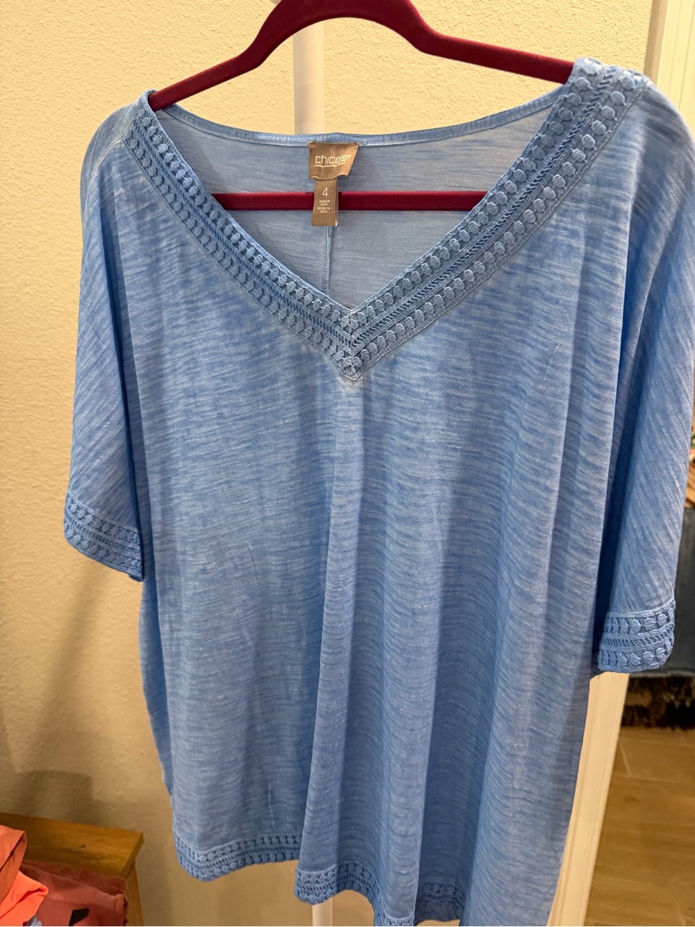 Chico's Sky Blue V-Neck Crochet Trim Tee